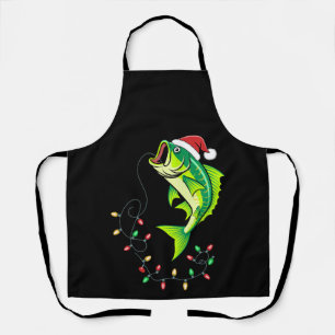 Christmas Bass Fish Santa Hat Lights Fishing Xmas Apron