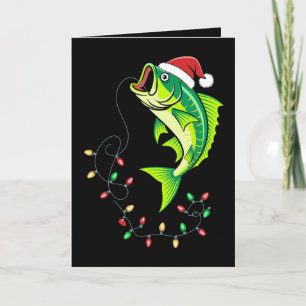 Christmas Bass Fish Santa Hat Lights Fishing Xmas Card