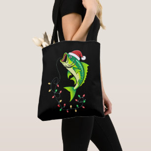 Christmas Bass Fish Santa Hat Lights Fishing Xmas Tote Bag
