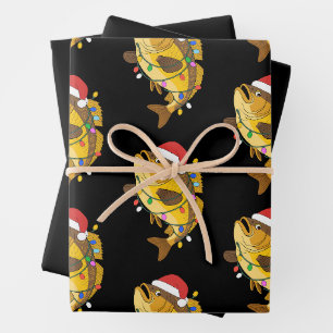 Christmas Bass Fish Santa Hat Lights Fishing Xmas Wrapping Paper Sheet