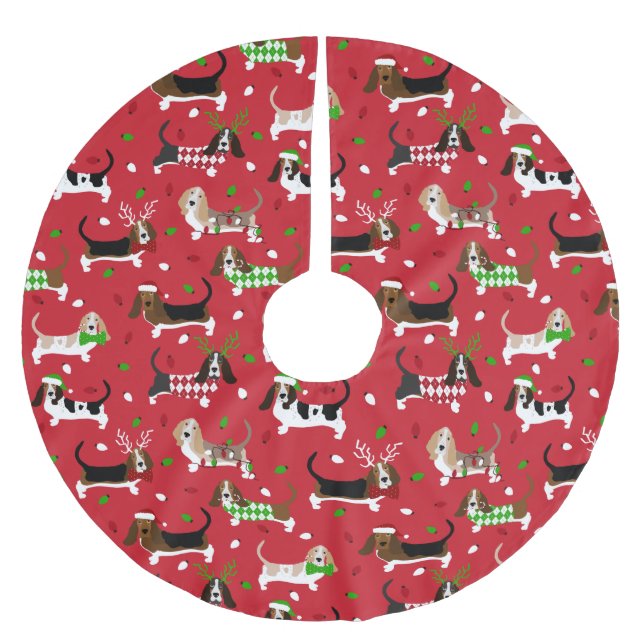 Christmas Basset Hound Brushed Polyester Tree Skirt (Front)