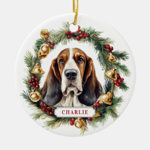 Christmas Basset Hound Ceramic Circle Ornament