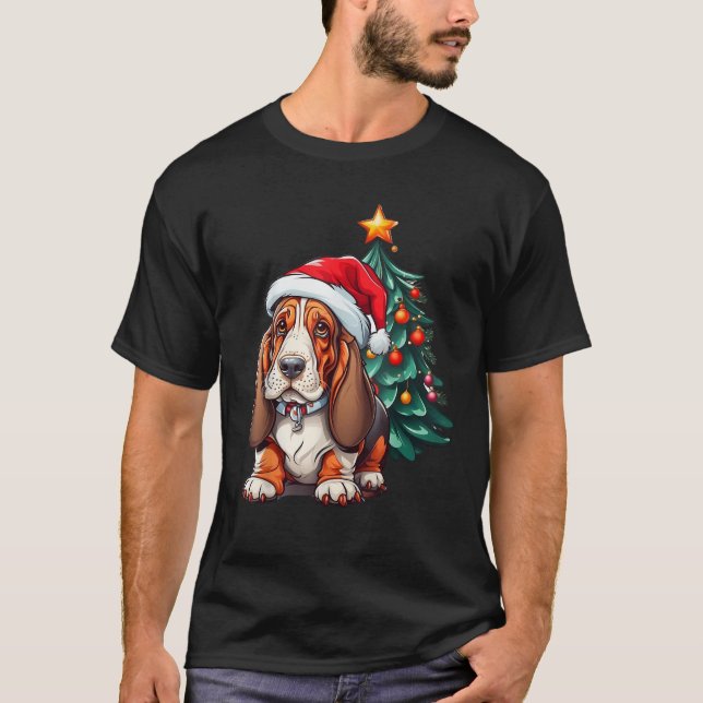 Christmas Basset Hound Dog Santa Hat Xmas Family S T-Shirt (Front)