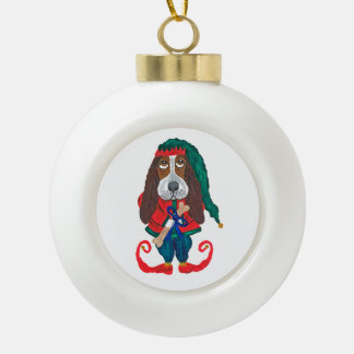 Christmas Basset Hound Elf Ceramic Ball Christmas Ornament