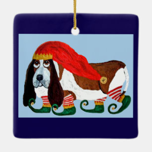 Christmas Basset Hound Elf Ceramic Ornament