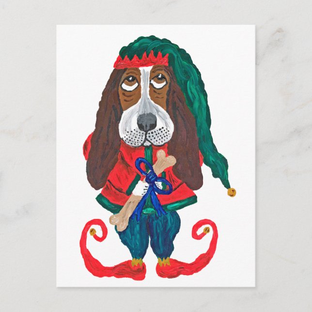 Christmas Basset Hound Elf Postcard (Front)
