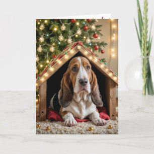 Christmas Basset Hound In a Doghouse Card