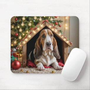 Christmas Basset Hound In a Doghouse Mouse Mat