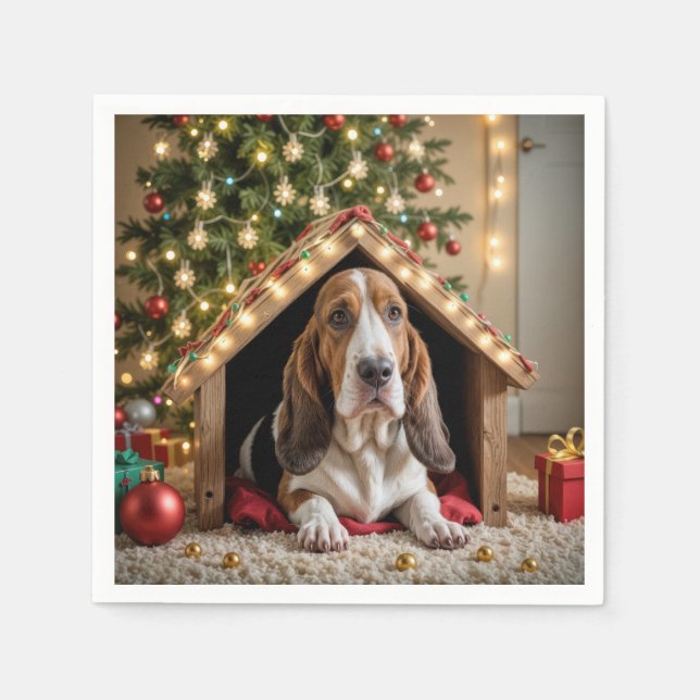 Christmas Basset Hound In a Doghouse Napkin (Front)