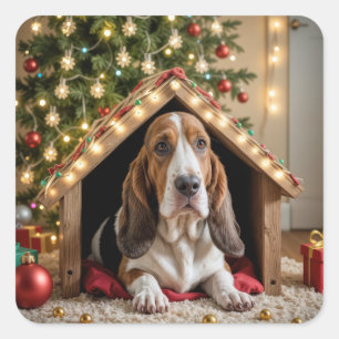 Christmas Basset Hound In a Doghouse Square Sticker