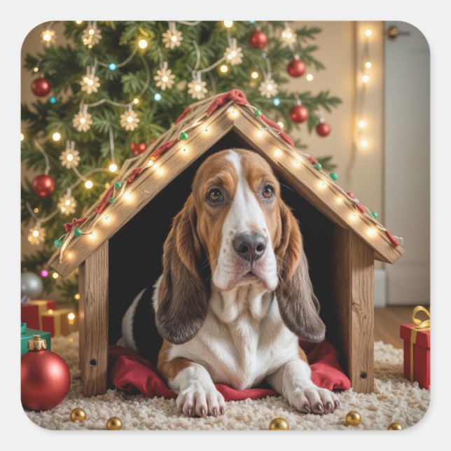 Christmas Basset Hound In a Doghouse Square Sticker (Front)