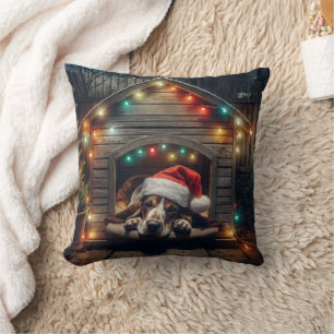 Christmas Basset Hound In Doghouse Cushion