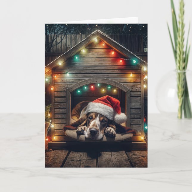 Christmas Basset Hound In Doghouse Holiday Card (Front)