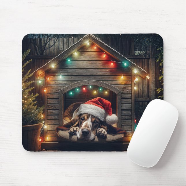 Christmas Basset Hound In Doghouse Mouse Mat (With Mouse)