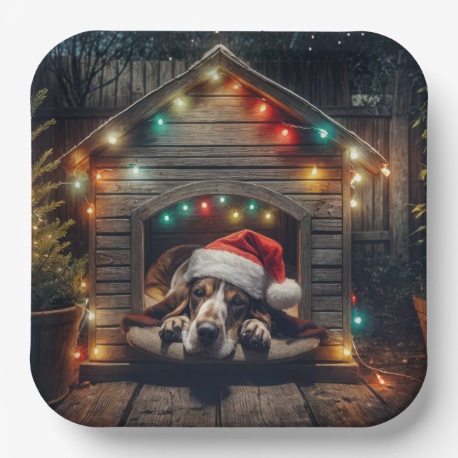 Christmas Basset Hound In Doghouse Paper Plate (Front)