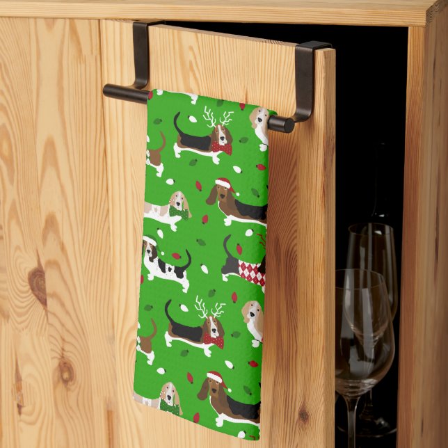 Christmas Basset Hound Kitchen Towel (Thirds Fold)