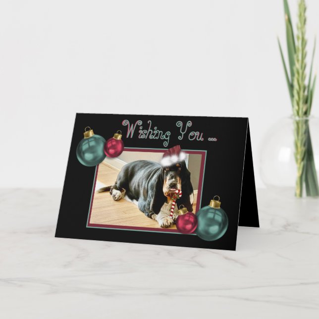 Christmas Basset Hound on Cute Card w/Candy Cane (Front)