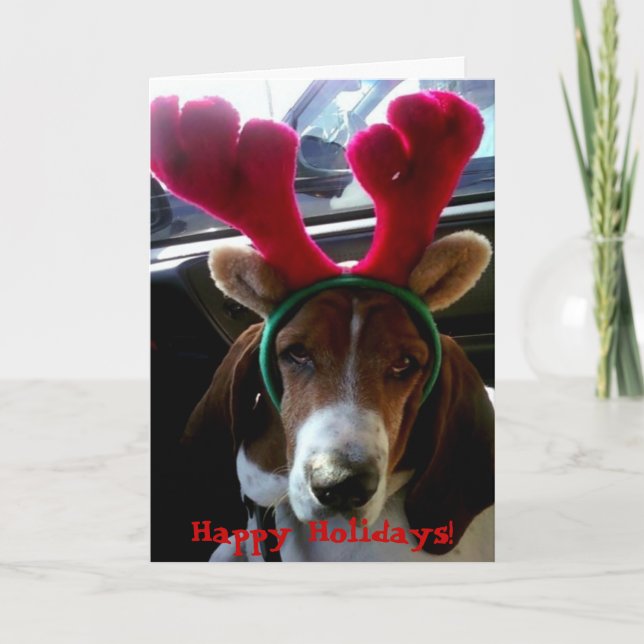 Christmas Basset Hound Reindeer Card (Front)