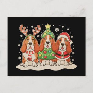 Christmas Basset Hound Santa Hat Reindeer Dog Xmas Postcard