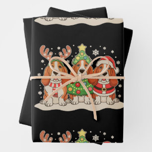 Christmas Basset Hound Santa Hat Reindeer Dog Xmas Wrapping Paper Sheet