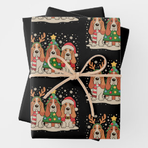 Christmas Basset Hound Santa Reindeer Dog Xmas Wrapping Paper Sheet