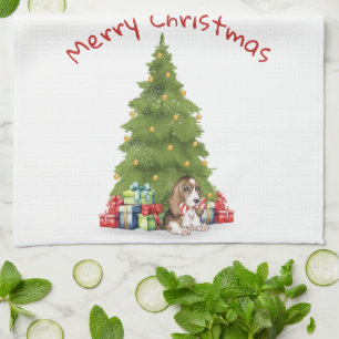 Christmas Basset Hound With Candy Cane Bone Tea Towel