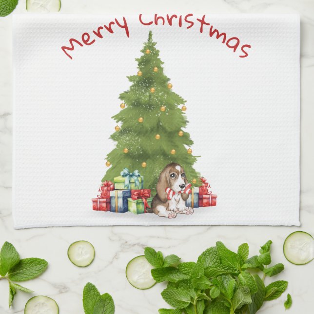 Christmas Basset Hound With Candy Cane Bone Tea Towel (Folded)
