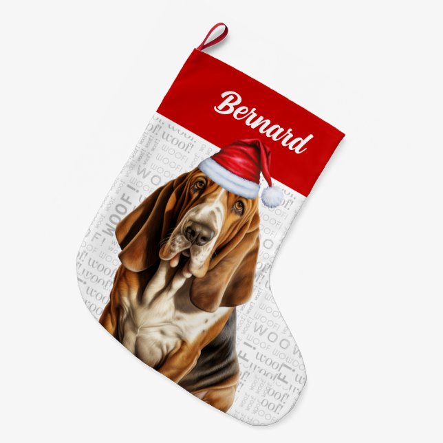 Christmas Basset Hound with Dog's Name Large Christmas Stocking (Front (Hanging))