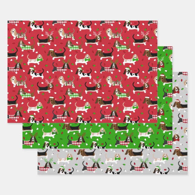 Christmas Basset Hound Wrapping Paper Sheet (Set)