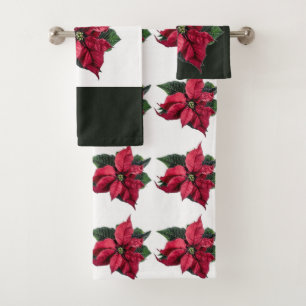 Christmas Bathroom Towel Set Poinsettia Pattern