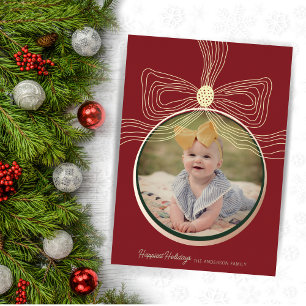 Christmas Bauble & Bow Deep Red Gold Photo Card 