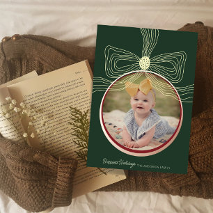 Christmas Bauble & Bow Green Gold Photo Card 