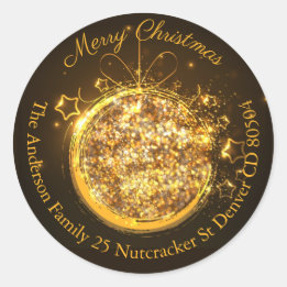 Christmas bauble gold glitter address classic round sticker