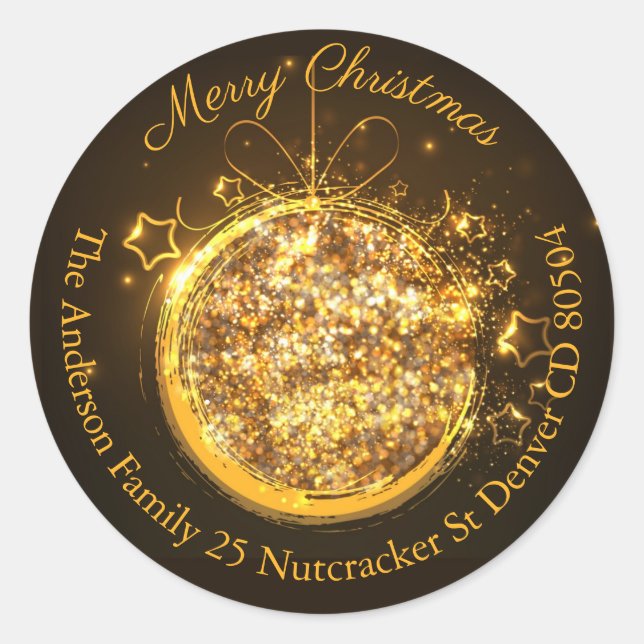 Christmas bauble gold glitter address  classic round sticker (Front)