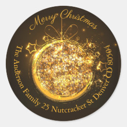 Christmas bauble gold glitter address classic round sticker