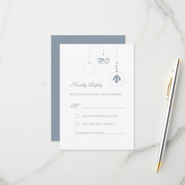 Christmas Bauble Ornaments Ice Blue Wedding RSVP Card (Front/Back In Situ)