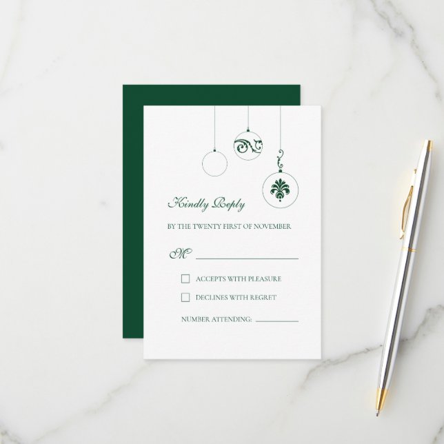 Christmas Bauble Ornaments Winter Green Wedding RSVP Card (Front/Back In Situ)