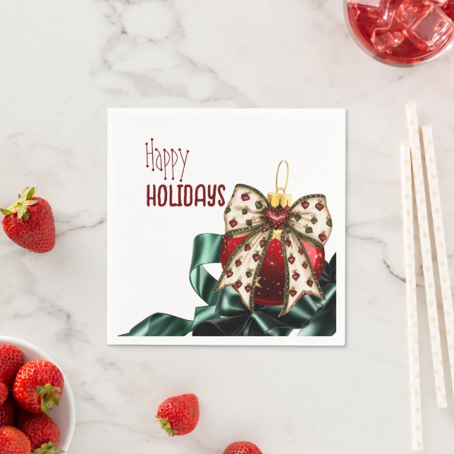 Christmas Bauble with Cute Bow and Green Ribbon Napkin (Insitu)