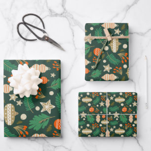 Christmas Baubles and Winter Foliage Green Wrapping Paper Sheet