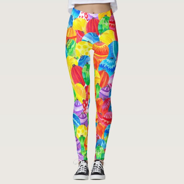 Christmas baubles handpainted watercolor leggings (Front)