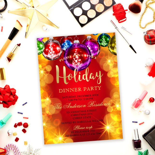 Christmas Baubles Holiday Dinner Party Invitation Postcard (Creator Uploaded)