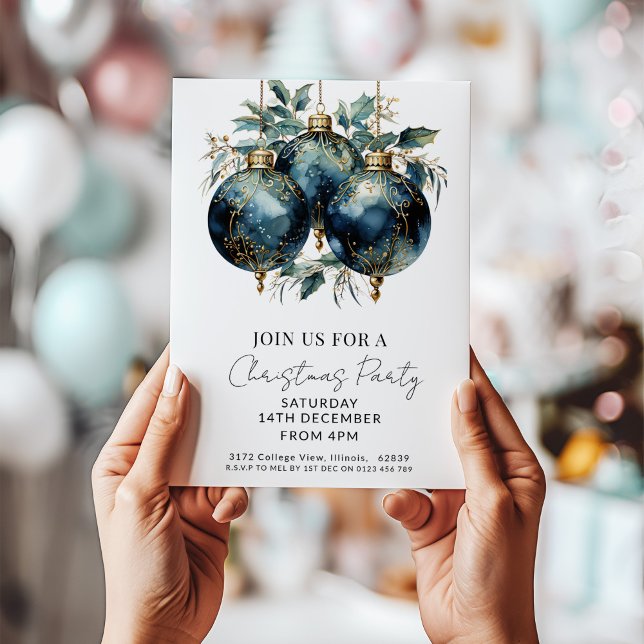 Christmas Baubles Navy Gold Holiday  Invitation (Creator Uploaded)