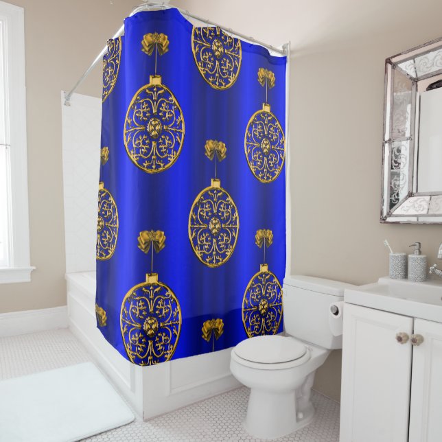 Christmas Baubles on Blue Shower Curtain (In Situ)