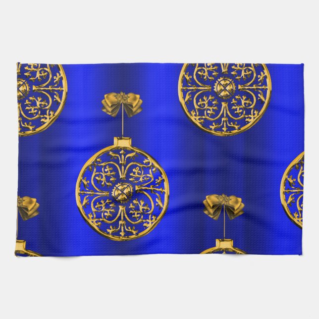 Christmas Baubles on Blue Tea Towel (Horizontal)