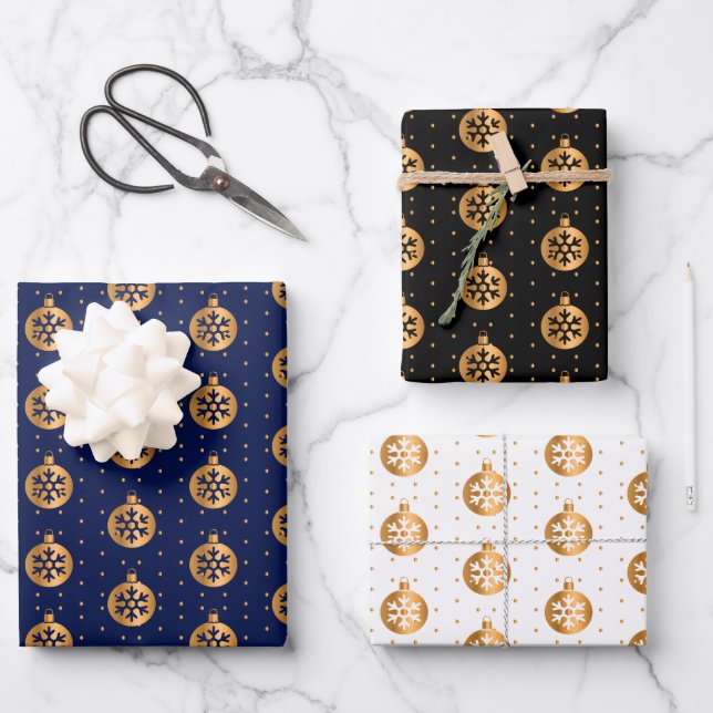 Christmas Baubles on Navy Blue, Black and White Wrapping Paper Sheet (Front)
