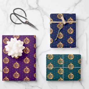 Christmas Baubles on Purple, Navy and Teal Wrapping Paper Sheet