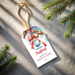 Christmas baubles red coquette bow personalized gift tags