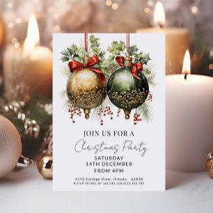 Christmas Baubles Red Green Gold Holiday Invitation