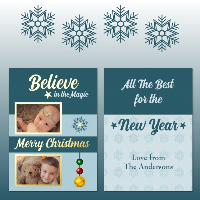 Christmas baubles stars snowflake photos blue foil holiday card (Creator Uploaded)