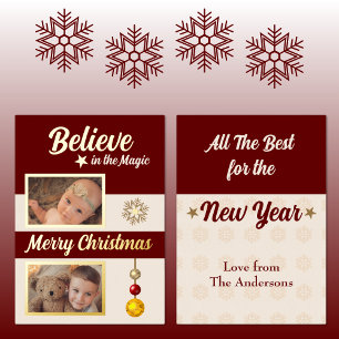 Christmas baubles stars snowflake photos burgundy foil holiday card